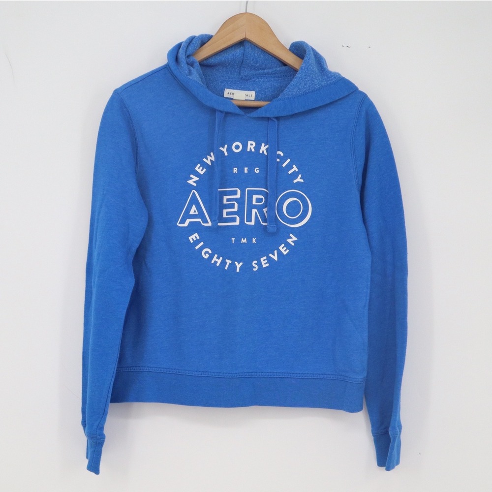 Aeropostale Hoodie Womens M Graphic Pullover Blue NYC Eighty Seven Excellent